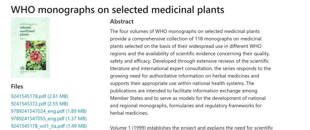 WHOの公開リポジトリで、薬用植物モノグラフ第1巻のPDFが公開されている画面