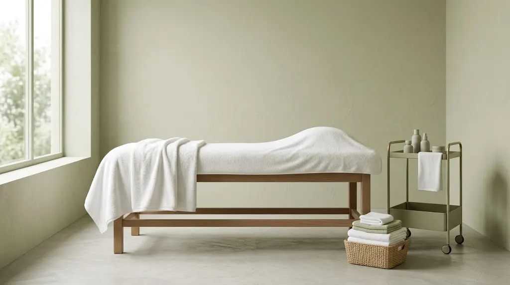 窓のある部屋に施術ベッドとタオルが用意されている