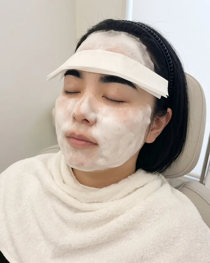 眉の上に泡止めの紙を当て、顔に泡をのせて、椅子で目を閉じている女性